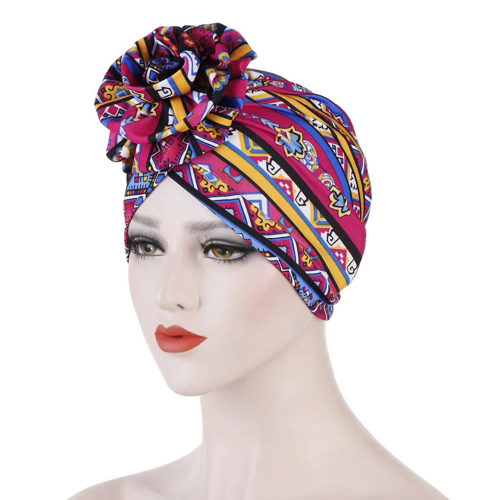 Helisopus хлопок цветок печатных повязки на голову Кепка chemo эластичный платок для женщин мусульманские тюрбан шапочки аксессуары для волос - Цвет: Розово-красный