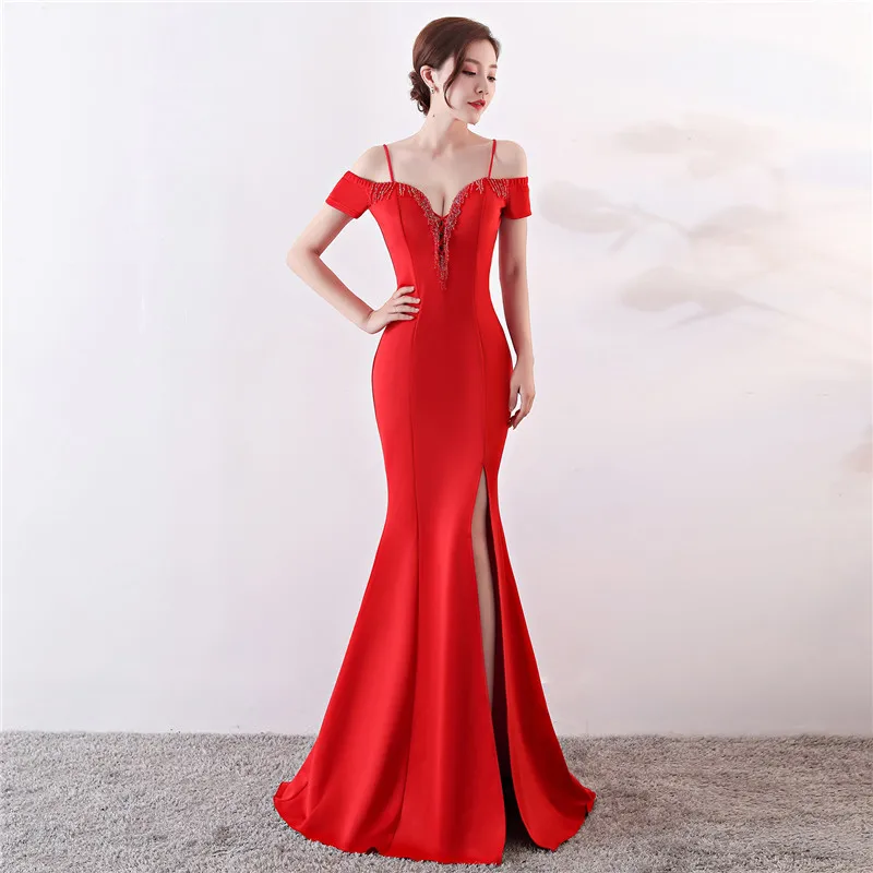 

Corstory Hot Red Sexy Beading V-Neck Cold Shoulder Dress With Slings Slimming Charming Mermaid Split Fashion Club Party Dress XL