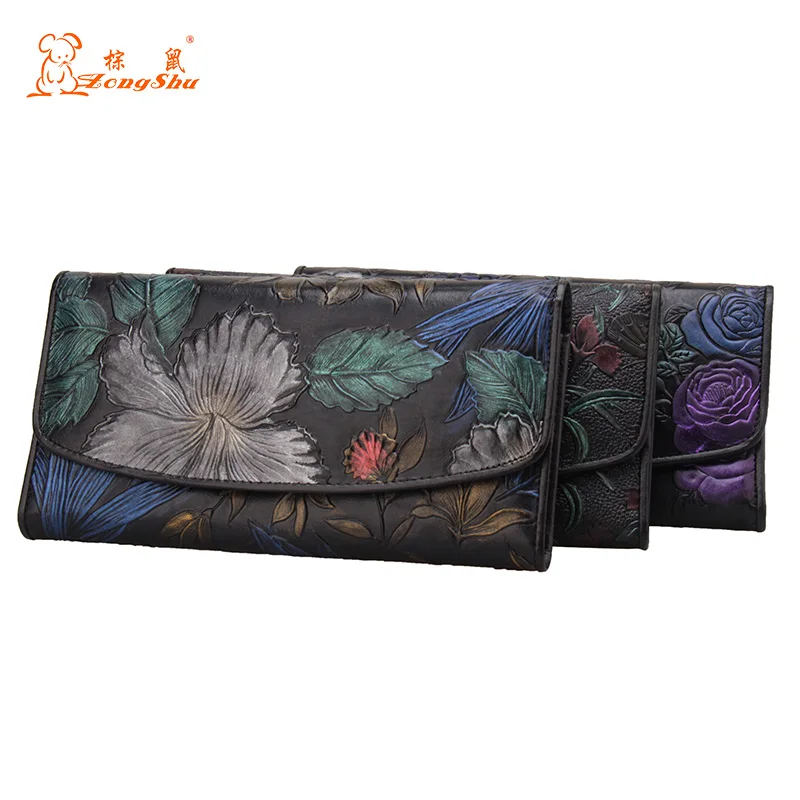 

Genuine Leather Fashion Floral Long Women's Purse Card Holder Wallets Brand Design High Quality Genuine Leather Wallet