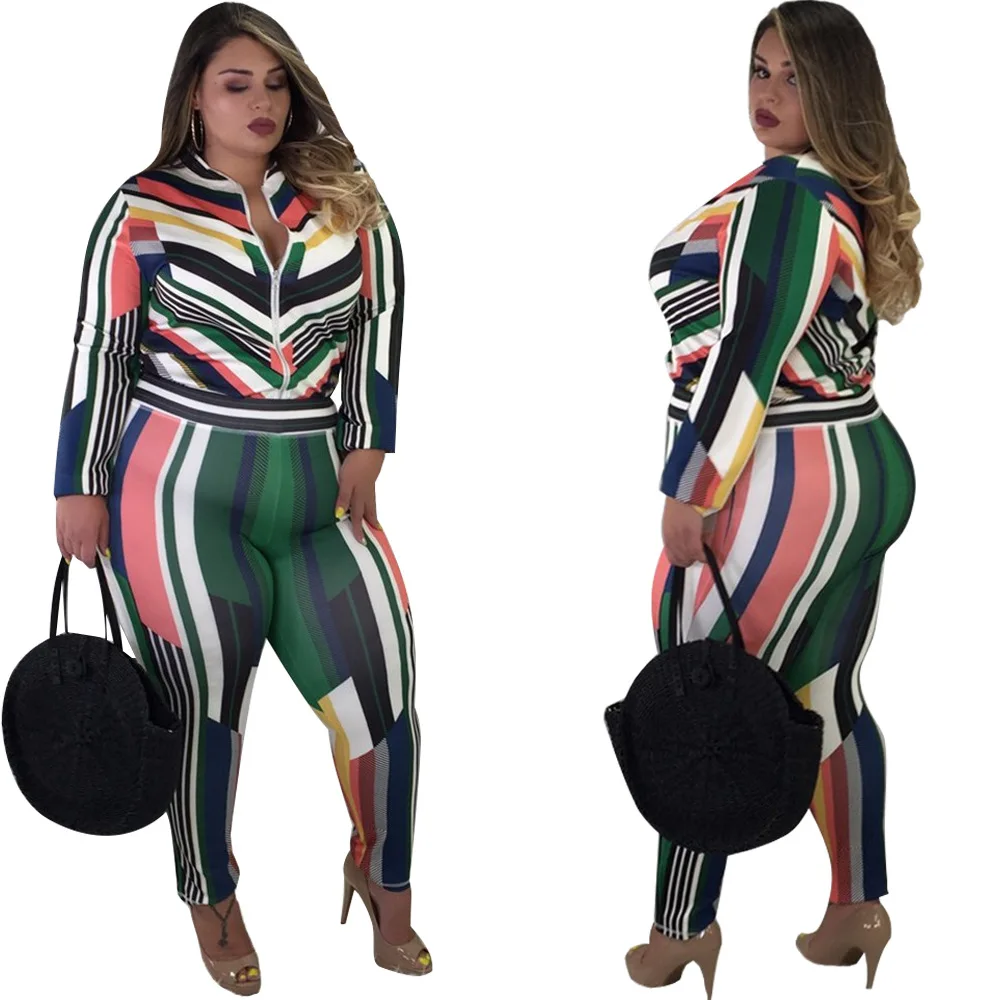 

Multi Color Striped Fashion Woman Bodycon Suits Two Pieces Front Zipper Down Long Sleeve Tops Skinny Pants Set Plus Size XL