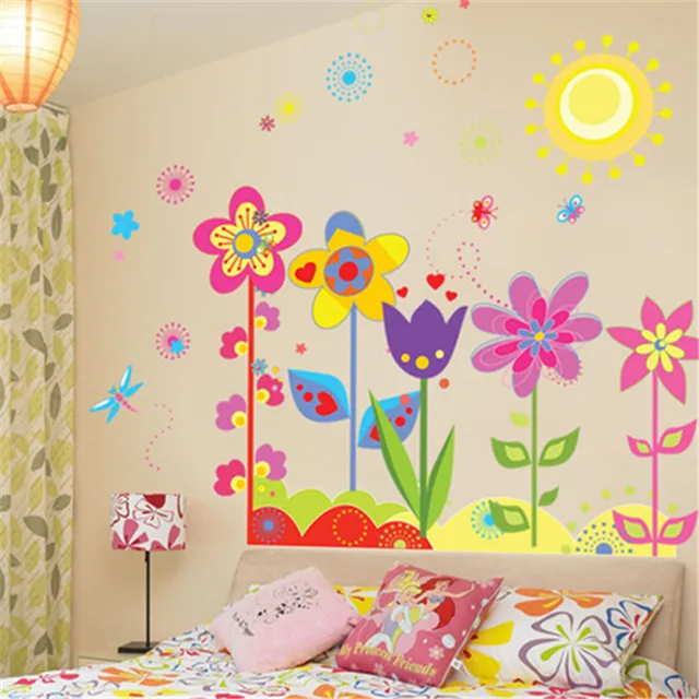 Diy Carton Sun Flower dragonfly Wall Stickers Girl Boy Kids Room Bedroom Kindergarten Wall Decoration Art
