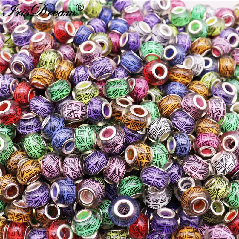 

10Pcs/Lot Mixed Color Round Loose Big Hole Plastic Resin Murano Beads Charm Fit European Pandora Bracelet Necklace DIY Jewelry