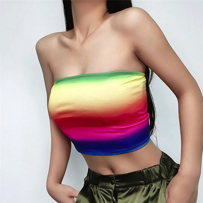 

Sexy Summer Women Strapless Tanks Camis Rainbow Print Ladies Stretch Bandeau Crop Tops 2019 Fashion Party Tee Shirt