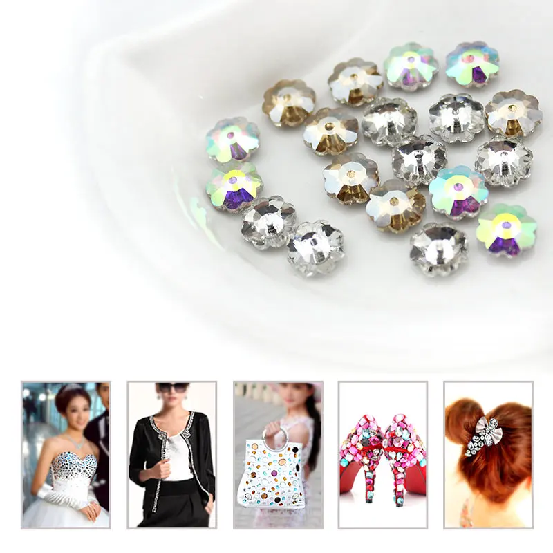 

6mm 8mm AB/Clear/GSHA Flowers Silver Base Sew On Rhinestone Beads, Sew On Stones Spacer buttons for Garment Jewelry 100pcs/pack