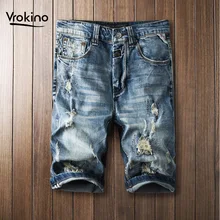 Повседневные Темно-Синие рваные джинсы летние новые стильные высококачественные винтажные свободные джинсовые мужские трусы 28-38