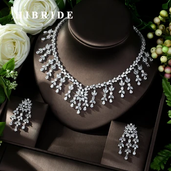 

HIBRIDE Luxury Women Jewelry Elegant Shape Bridal CZ Necklace Earring 2pcs Big Wedding Jewelry Sets for Bridal N-989