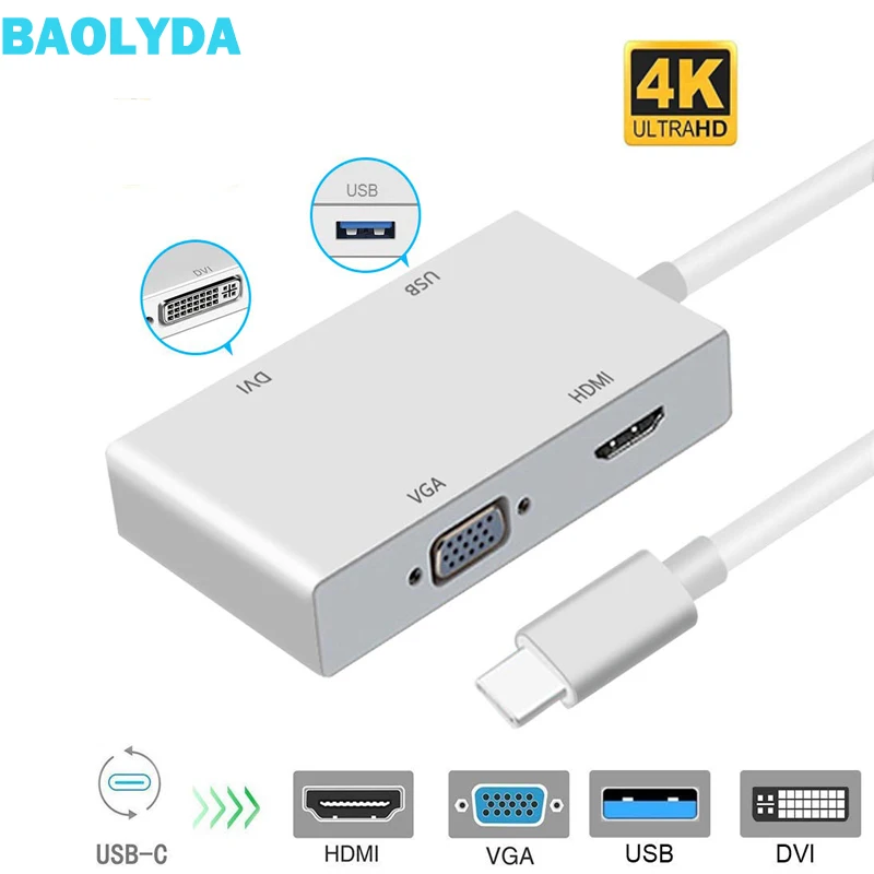 Baolyda USB-C концентратор usb type C к HDMI концентратор адаптер мульти видео USB-C HDMI DVI 4 K VGA USB Thunderbolt 3 адаптер для MacBook Pro/Air