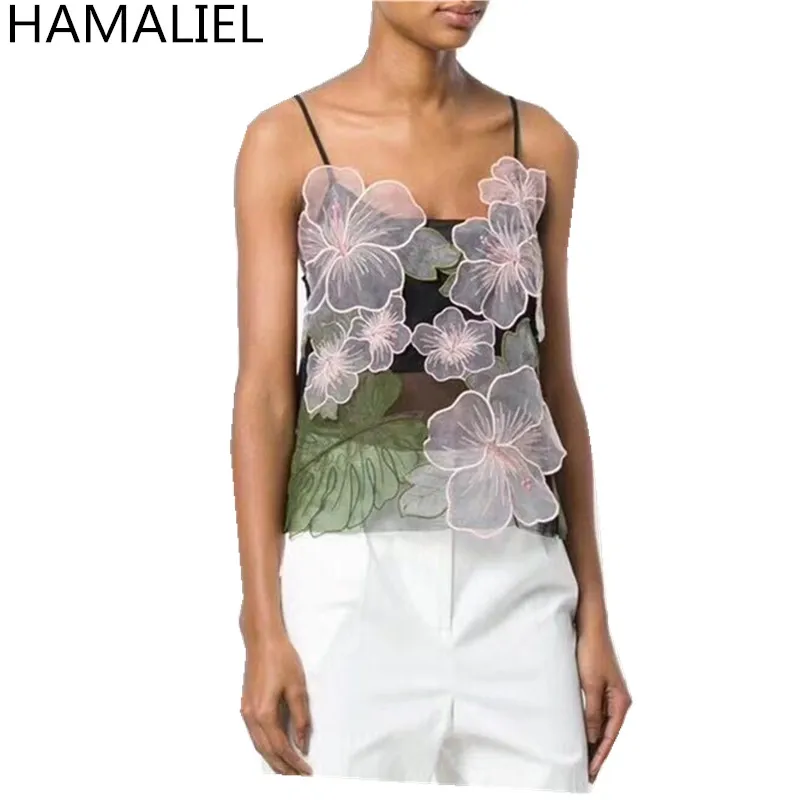 

HAMALIEL Runway Luxury Summer Women Crop Tops 2018 Designer Embroidery Floral Mesh Patchwork Sexy V Neck Halter T Shirt Tank