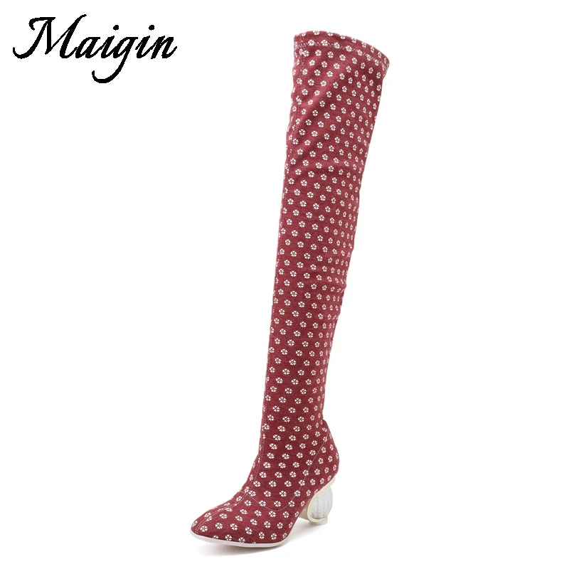 Maigin High Heels Over The Knee Boots Womens 2018 New Pointed Toe Long Boots Crystal Heel Sandals Summer Fashion Women Shoes