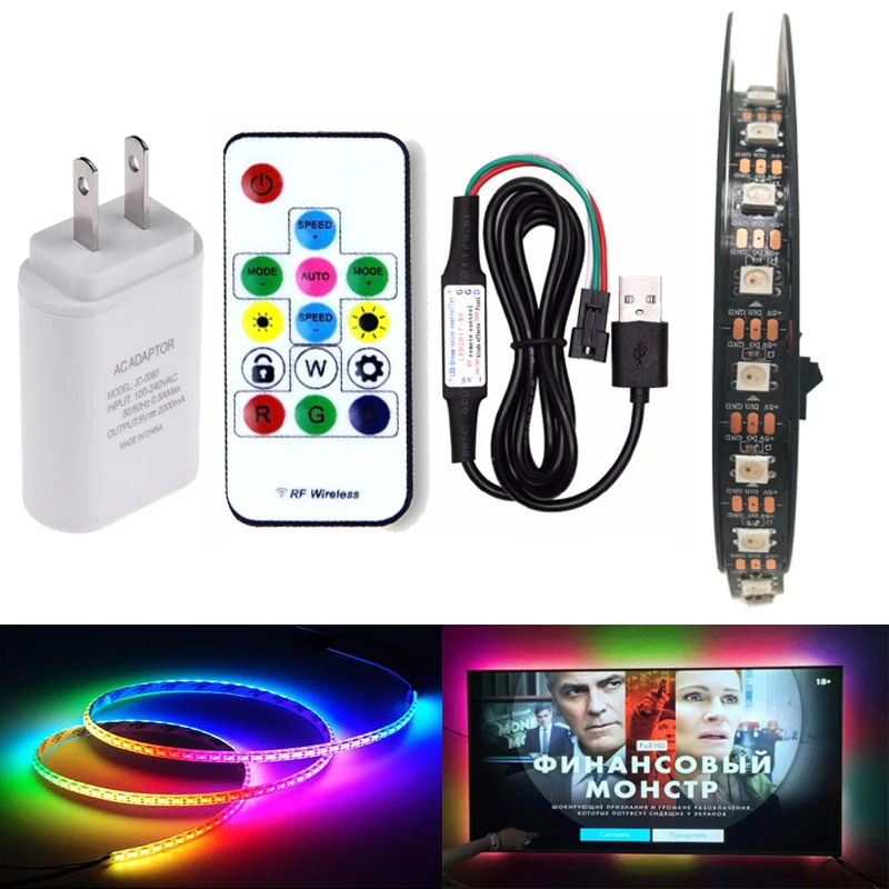 Светодиодная лента с USB RGB WS2812B DC5V 1 м/2 м/3 м/4 м/5 м SMD 5050, пульт дистанционного управления, Адресуемая Пиксельная лента, светодиодный телевизор, задняя панель под лампу шкафа