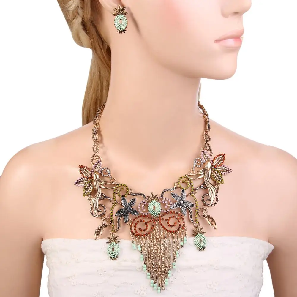 

Tuliper Retro Bird Fruit Animal Necklace Earrings Set Austrian Crystal Rhinestone Jewelry Set For Women Party Gift Collier