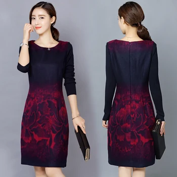

Spring new middle-aged large size ladies dress long sleeve printing base cloth mother dresses o neck women vestidos M-5XL