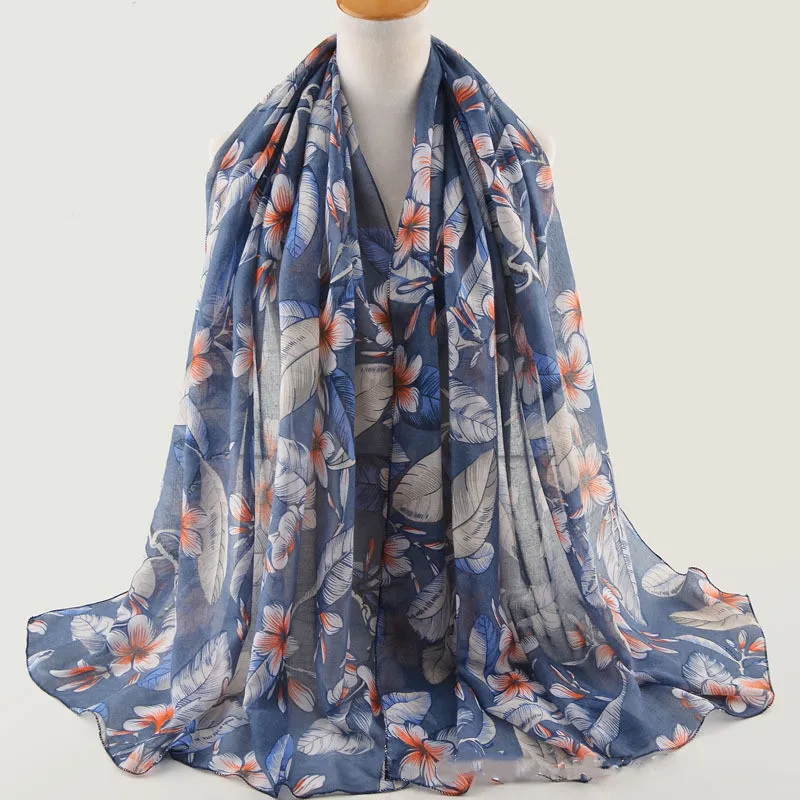 

Print flower leaves scarf Fashion casual cotton women luxury head scarves shawls yellow blue pashmina wrap hijabs spring Bufanda