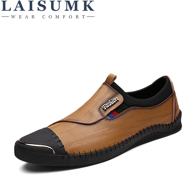 

LAISUMK Men Leather Shoes Casual Genuine Leather Shoes Men Loafers Fashion zip Outdoor Work Shoes