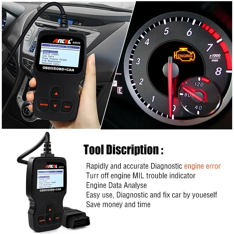 Ancel AD310 OBD2 сканер данных в режиме реального времени двигателя анализатор