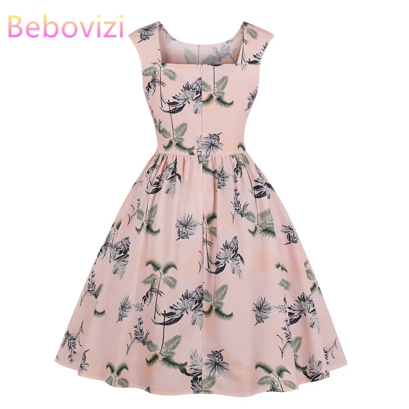

Bebovizi Fashion Women 2019 Vintage Casual Office Vestidos Floral Print Summer Dresses Sleeveless Evening Party Sexy Retro Dress