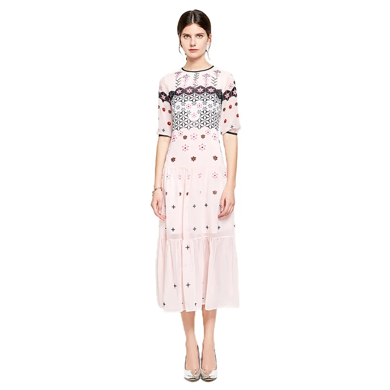

Brand new design floral print short sleeves elegant dress high quality 50% silk dress women's summer dress A336