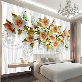 

beibehang Wallpaper mural custom living room bedroom 3D luxury orchid metal jewelry mural TV background wall home decoration