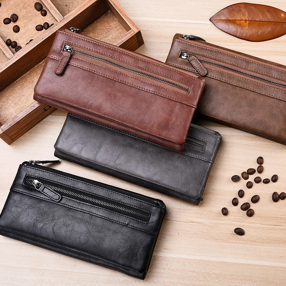 Модные дизайнерские мужские кошельки, клатч с ремешком, сумочка для монет, мужской кошелек из искусственной кожи, для телефона, длинные, двойные, одноцветные, коричневый, черный