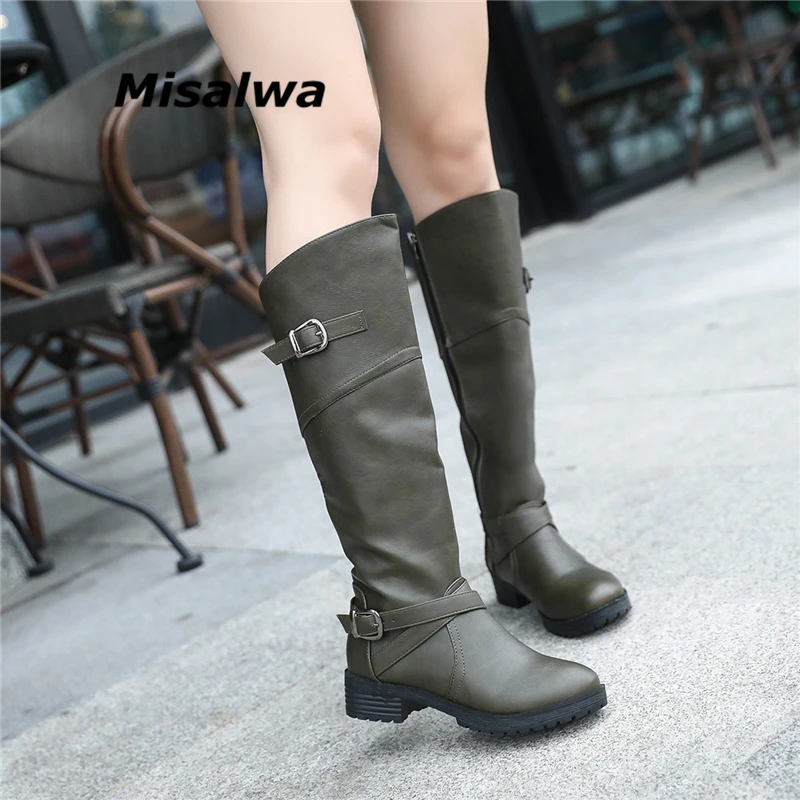

Misalwa New Autumn Winter Women Knee-High Boots Casual Chunky Heel Round Toe Buckle Solid Ladies Boots Big Size Drop Shipping