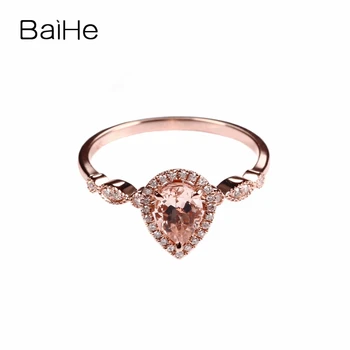 

BAIHE Solid 14k Rose Gold(AU585) Vintage 5x7mm Pear Cut 100% Natural Morganite Diamonds Trendy Engagement Fine Jewelry Ring