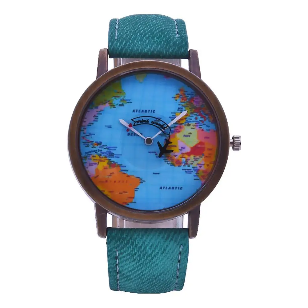 

Creative World Map Plane Unisex Pointer Quartz No Numbers Party Men Women Wrist Watch Student