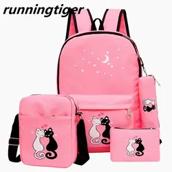 4 шт./компл. Для женщин рюкзак кошка печать на холсте школьные сумки для девочек-подростков рюкзак в стиле преппи Очаровательная записная