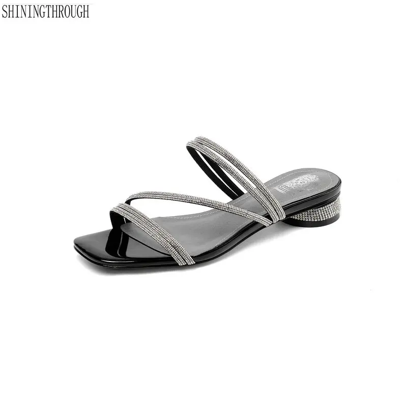 

Summer crystal low Heels slipper Woman Women Gladiator shoes woman Genuine Leather Top Quality Brand Slippers size 34-43