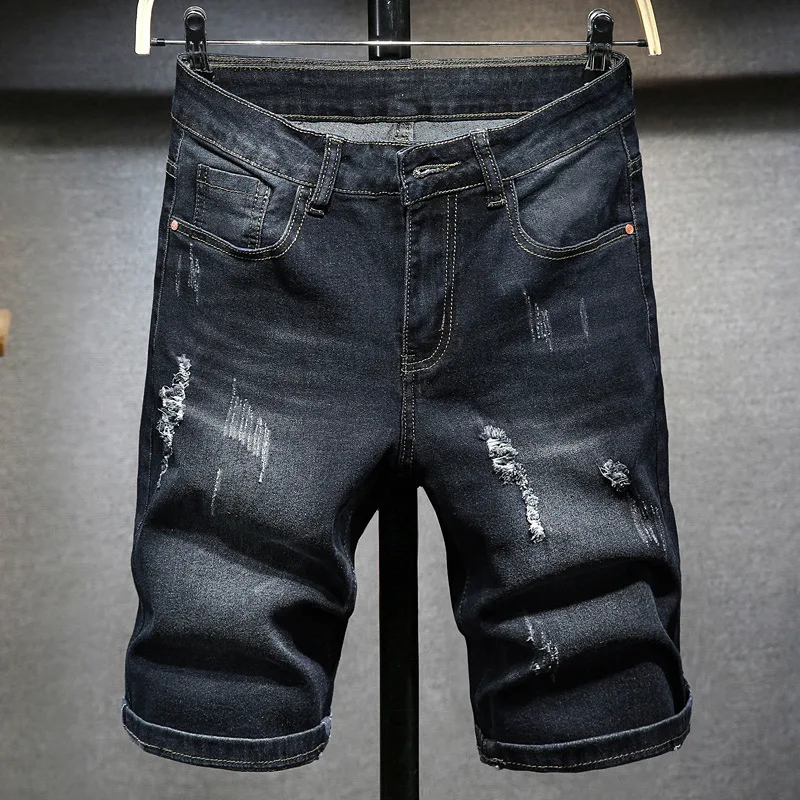 Мужские шорты деним вымытый винтажный рваный стрейч свободный черный сплошной цвет длиной до колена прямые мужские шорты модные отбеленные