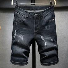 Мужские шорты деним вымытый винтажный рваный стрейч свободный черный сплошной цвет длиной до колена прямые мужские шорты модные отбеленные