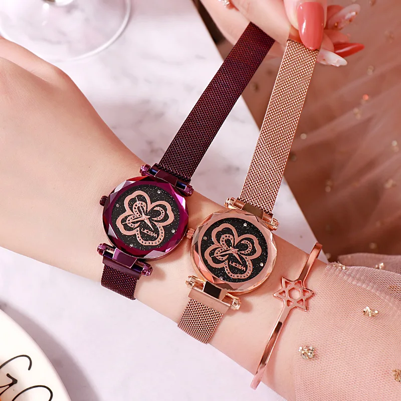 

2019 Luxury Women Watches New Fashion Flower Starry Sky Magnetic Watch Women Crystal Quartz Wristwatch Waterproof Ladies Clock