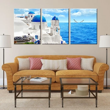 

Modern Home Wall Art Decoration Framework Modular Pictures 3 Pieces Seascape Blue Sky Castle HD Prints Landscape Canvas Painting