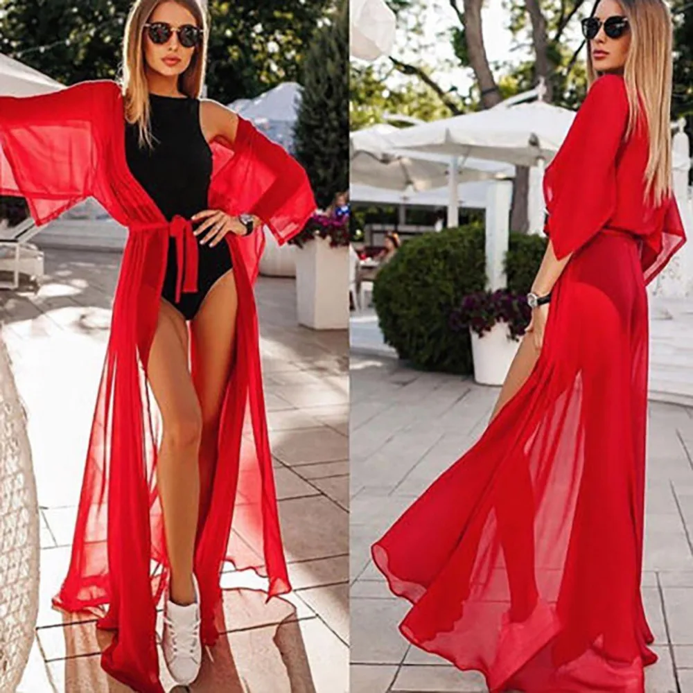 

2019 Chiffon Blouse Women Sexy Beach Kimono Cardigan Sunscreen Short Sleeve Solid Shawl Beach Cover Up blusas mujer de moda