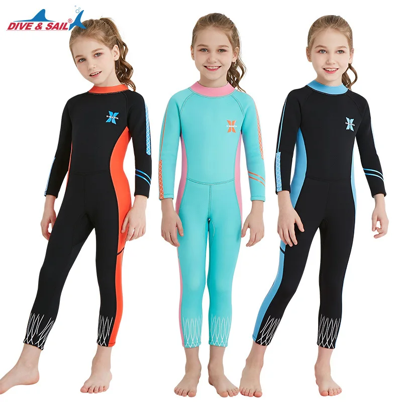 One-pieces Long Sleeves Kid Girl Wetsuit Diving Suit Warm for Snorkeling Surfing 