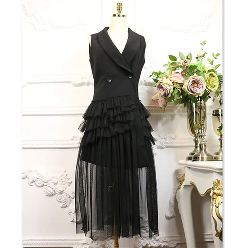 

Runway 2019 Trendy Women Sleeveless Patchwork multilayer Lace Mesh Sexy Slim Dress Female Dresses vestidos