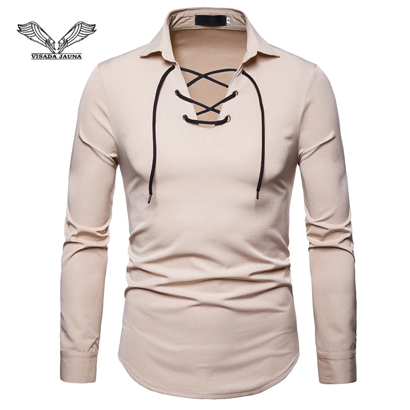 

VISADA JAUNA 2019 Men's Lace Design Lapel Large Size Long Sleeve Shirt Solid Color Casual Shirt Size S-2XL TLH60
