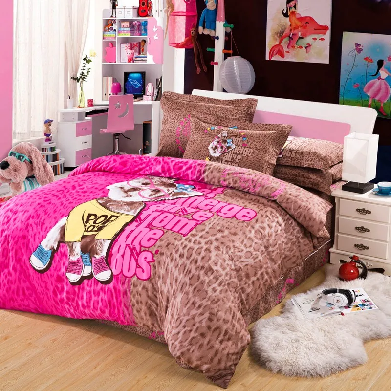 Dog Print Bedding Set Twin Queen King Size,Pink and Brown Leopard Print Duvet Cover Set Cotton Textiles Bed Sheets Pillow Case