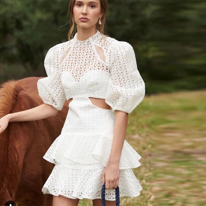 

2019 Runway Women eye-catching lantern sleeve side cut outs and a layered circle gorgeous Mini dress