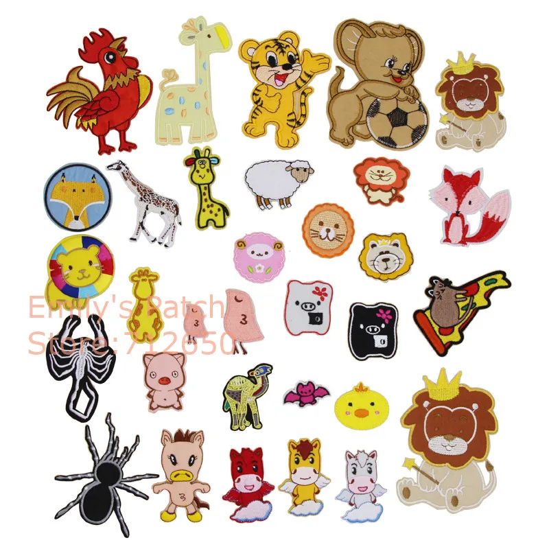 

10 pcs Lions Giraffe Pig Cow Shee Cock Bat Squirrel Embroidered patches iron on cartoon Motif Applique embroidery accessory