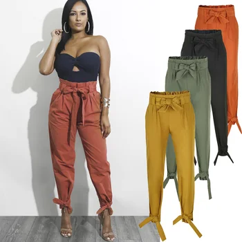 

Big Plus Size 2020 Spring Fashion Women Cotton High Waist Bow Harem Palazzo Paper Bag Pencil Pants Trousers Pantalon Femmes