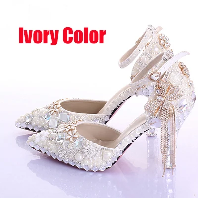 Ботильоны с острым носком на застежке свадебные туфли свадебная обувь жемчужно-кремового цвета свадебные туфли-лодочки со стразами обувь для выпускного вечера - Цвет: Ivory 8cm Heels
