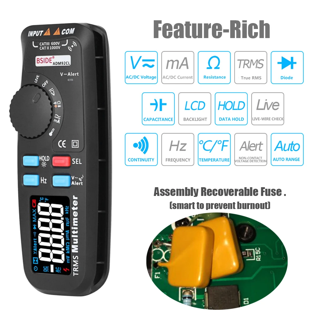 Goede Multifunctionele Digitale Multimeter Bside ADM92CL Kleur Lcd scherm Multimetro Auto Range True Rms Temp Tester Voltmeter Ampermetr