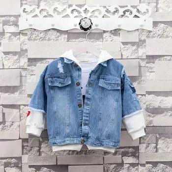 

Baby Boys Denim Jacket Hooded Casual Fake Two-pieces Boys Cowboy Coat 2019 Spring New Long Sleeve Single-breasted Outerwear Y666