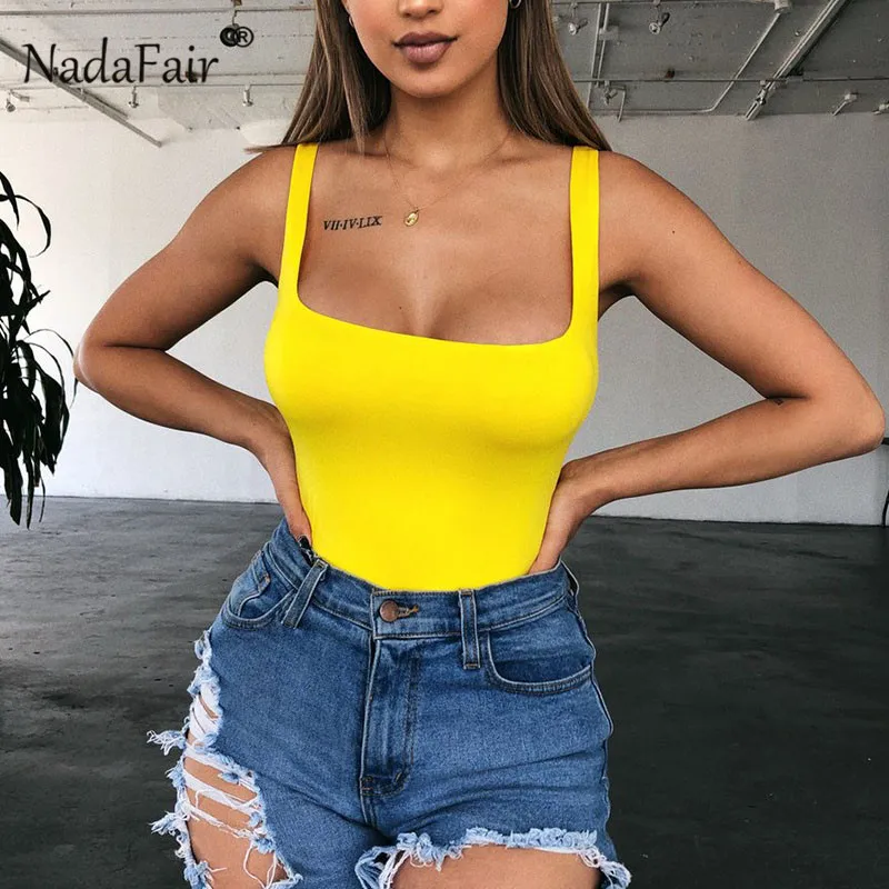 Nadafair Sleeveless Yellow Sexy Bodysuit Women Summer Romper Neon 2019 Strappy Square Collar Tank Body Female Nadafair Sleeveless Yellow Sexy Bodysuit Women Summer Romper Neon 2019 Strappy Square Collar Tank Body Female