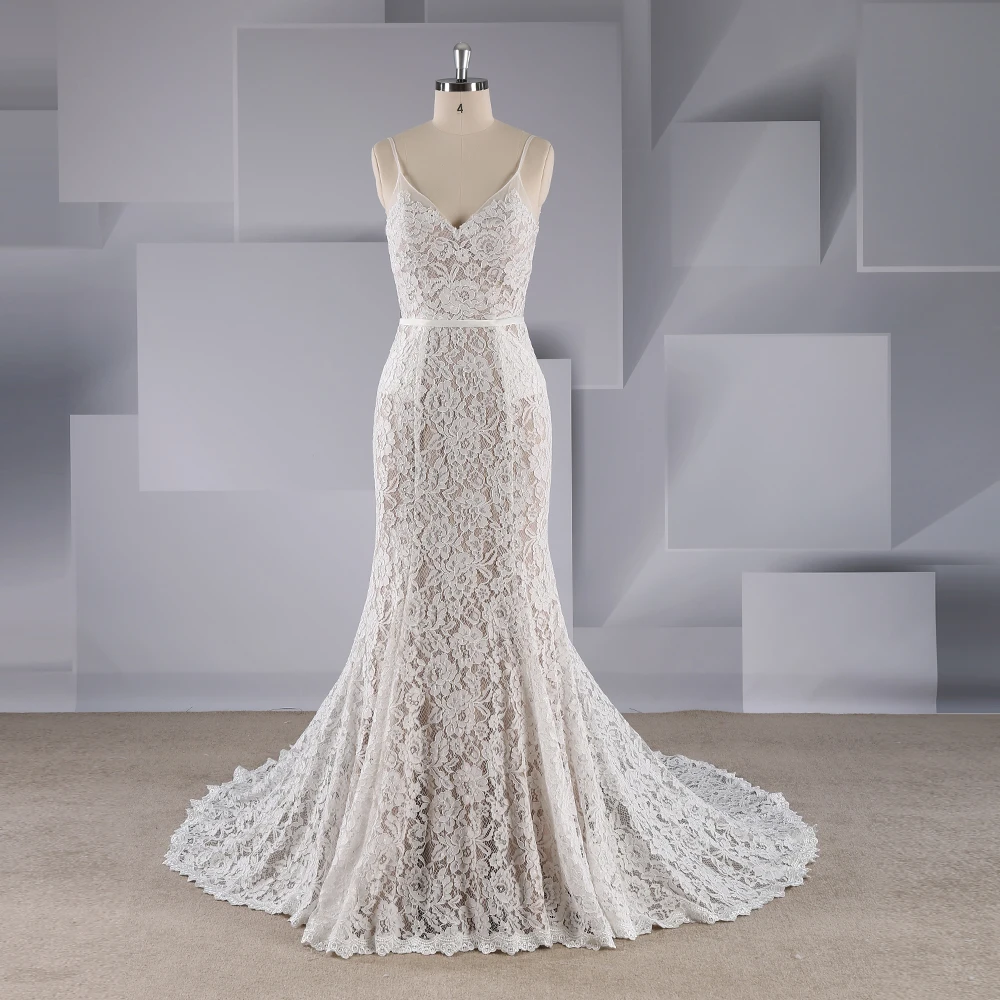 

Rosabridal Mermaid Wedding Dress Custom Made Sexy V Neck Spaghetti Straps backless Ivory lace over brown tulle trumpet gown