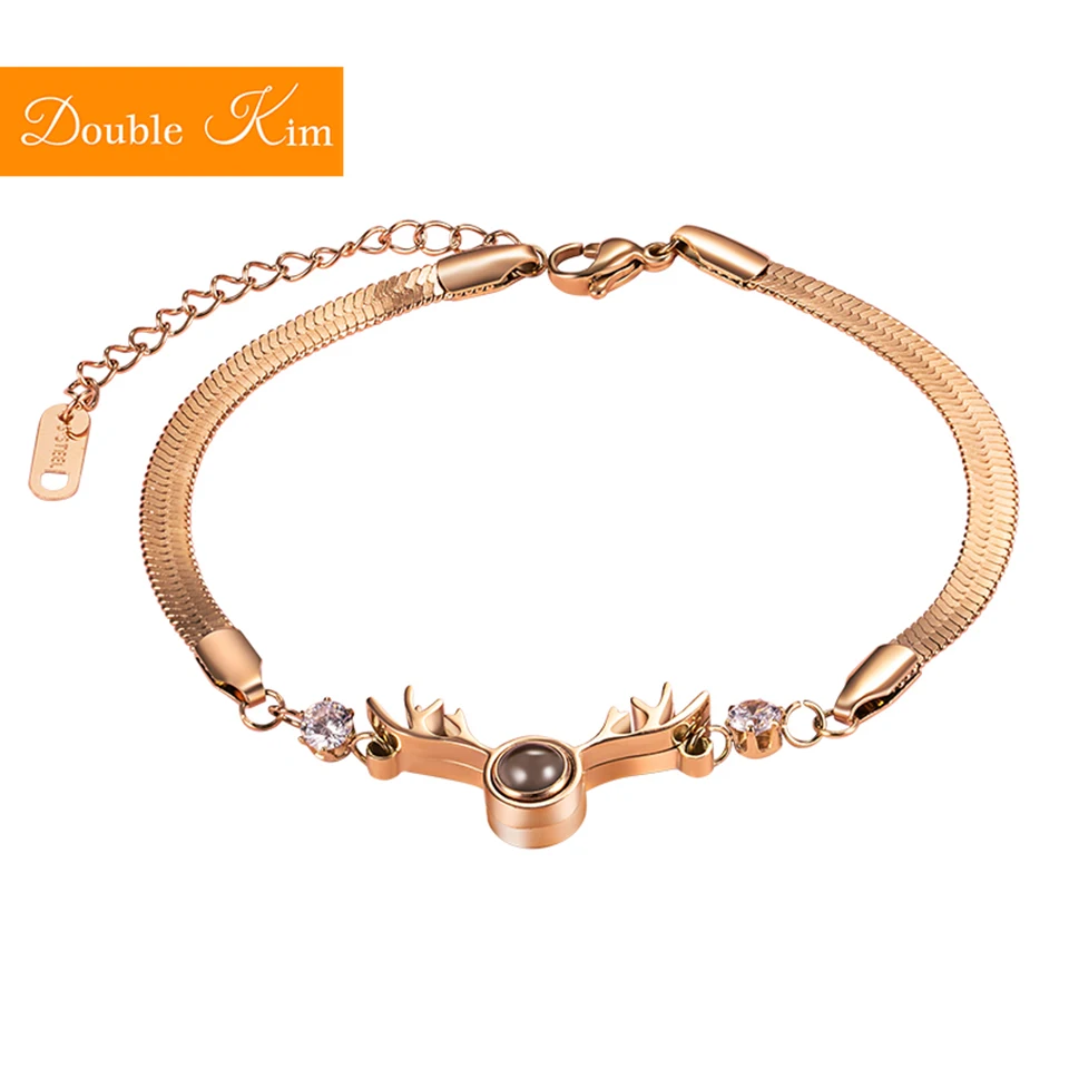 

100 languages I love you Projection Deer Bracelet Titanium Stainless Steel Material Bangles Rose Gold Color Women Jewelry Gift
