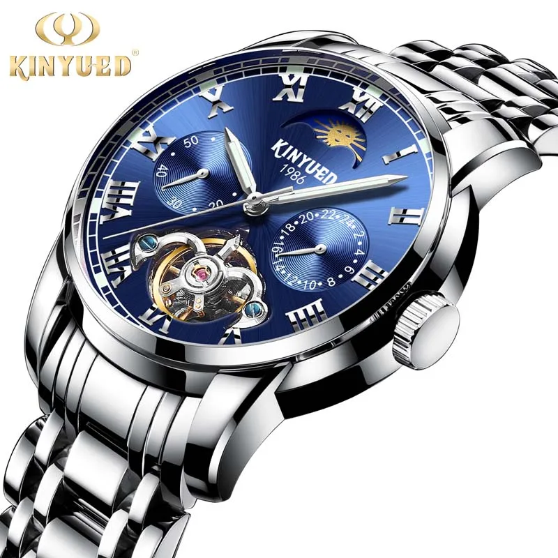 

KINYUED new authentic men's mechanical watch top brand luxury black bracelet business watch luminous display blue dial free