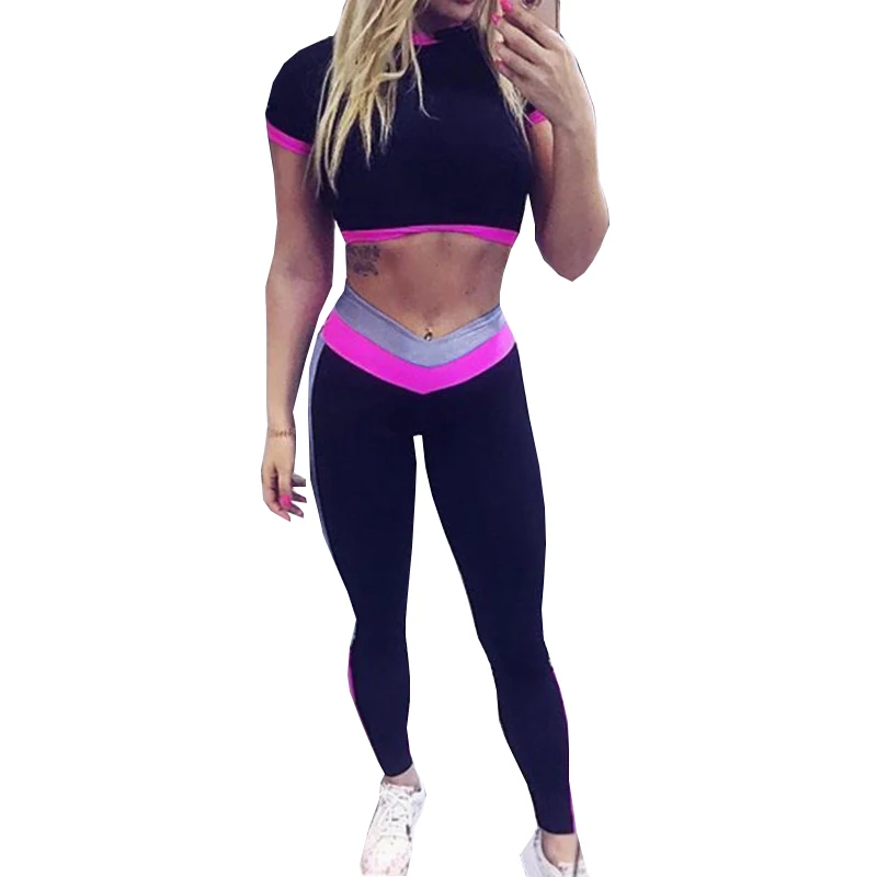 

2019 Sexy Yoga Set Two Piece Sport Suit Women Short Sleeve Crop Top and Leggings Sexy Yoga Wear Fitness Track Workout Set
