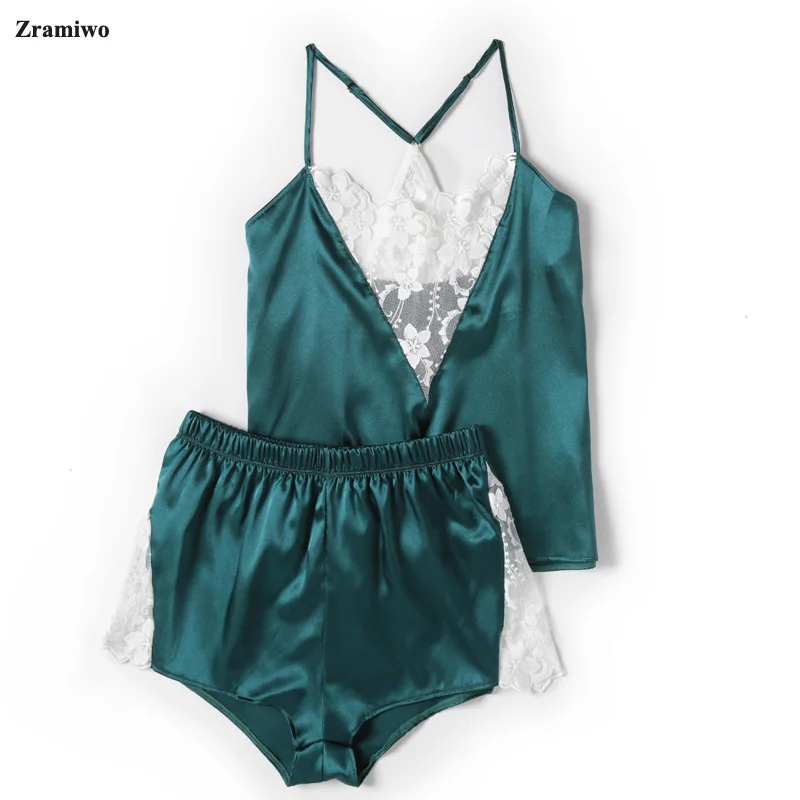 

Zramiwo Womens Sexy Sleepwear Set Satin Pajama Pants Set Embroidery Nightgown Lace Camisole Short Summer