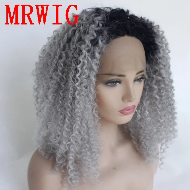 MRWIG short kinky curly ombre medium grey free part synthetic front lace wig 20in real pic for lady woman